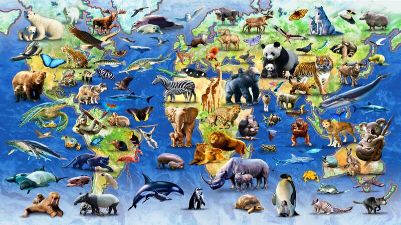 World Map with Animals — Blue