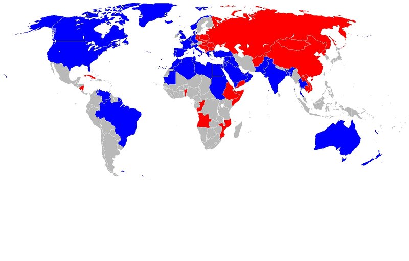 World Map with Colored Regions — Blue, Neutral