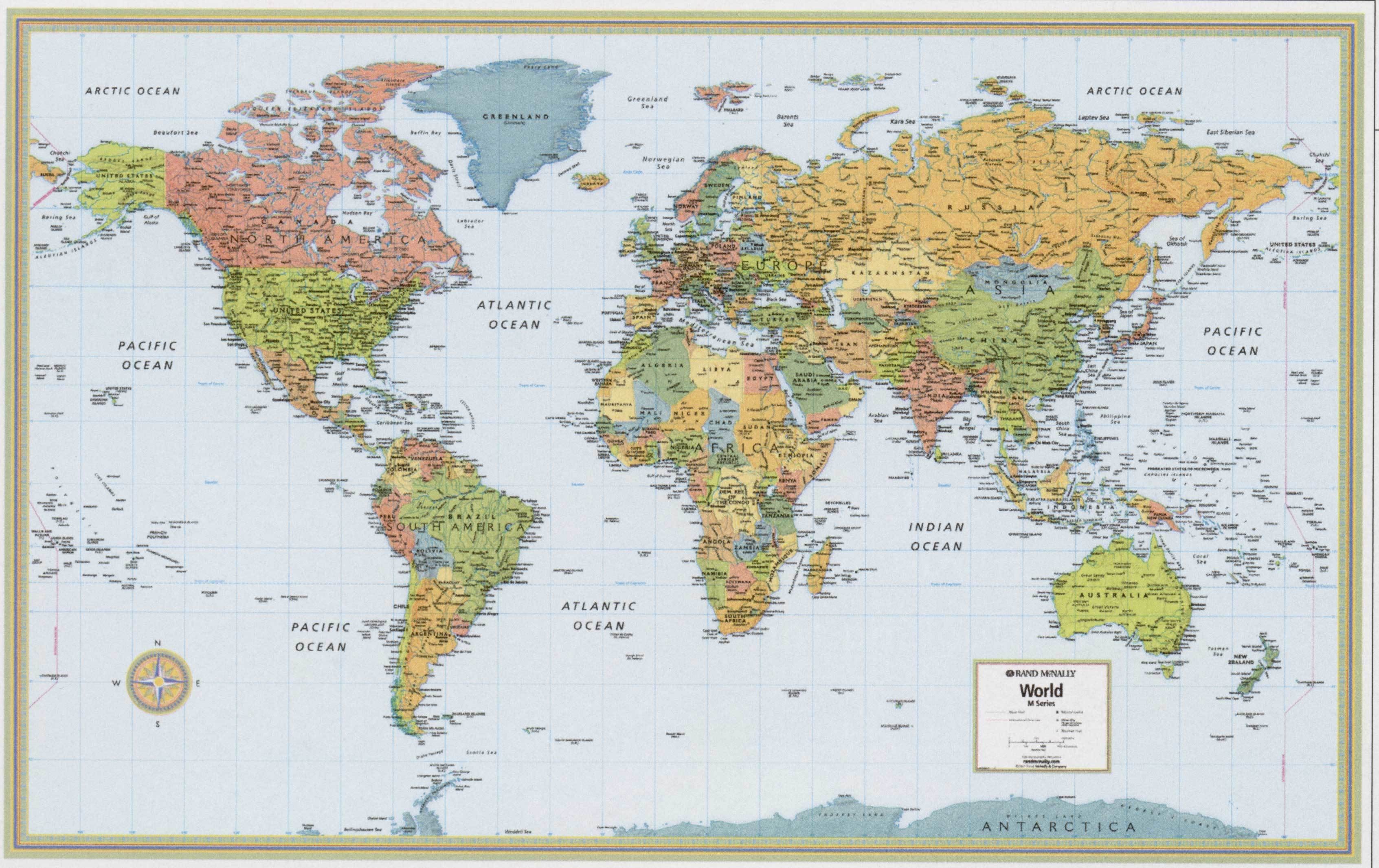World map with countries and oceans