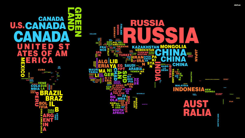 World Map with Country Names — Black, Colorful