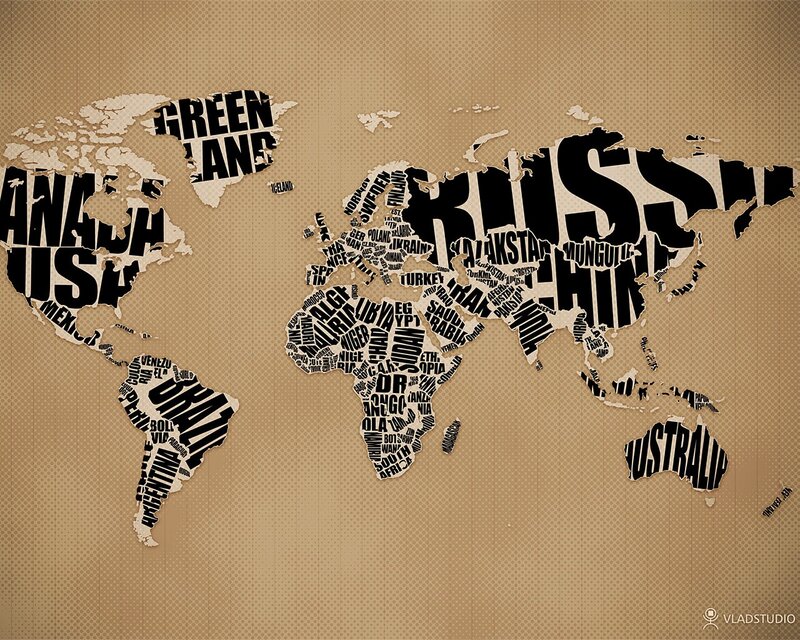 World Map with Country Names — Brown