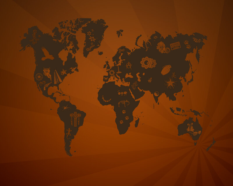 world map with cultural symbols