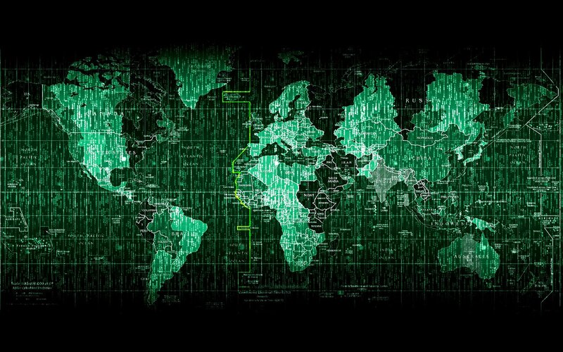 World Map with Digital Overlay — Black