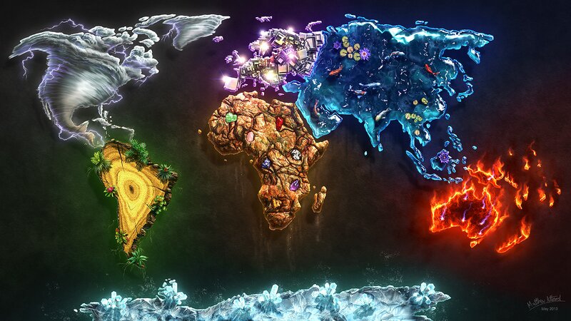 World Map with Elemental Continents — Blue