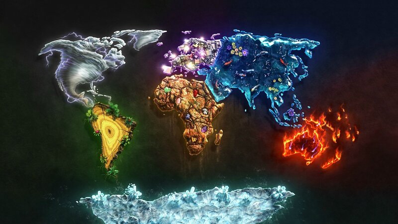 World Map with Elemental Themes