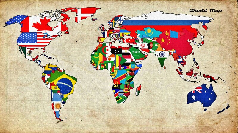 World Map with Flags — Beige