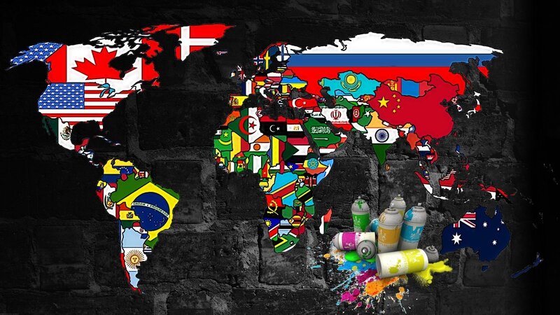 World Map with Flags — Black, Dramatic, Digital Art