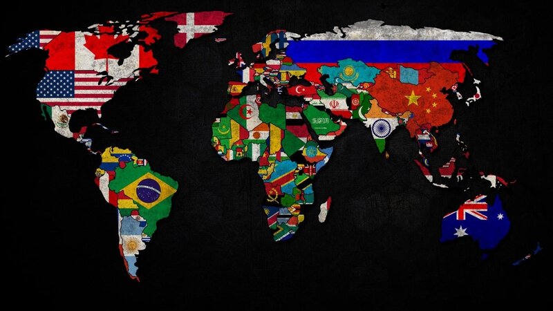World Map with Flags — Black, Dramatic, Illustration