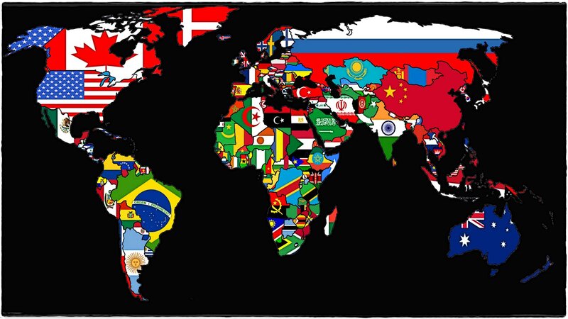 World Map with Flags — Black, Neutral, Illustration, Continents