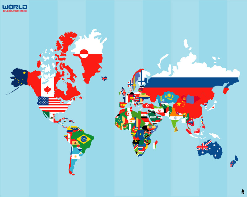 World Map with Flags — Blue, Neutral, Illustration, Continents, Oceans