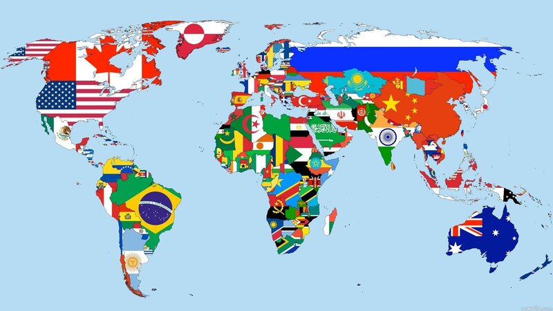 World Map with Flags — Blue, Neutral, Illustration, Continents, Oceans, White, Red