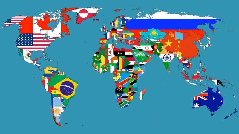 World Map with Flags — Blue, Neutral, Illustration, Continents