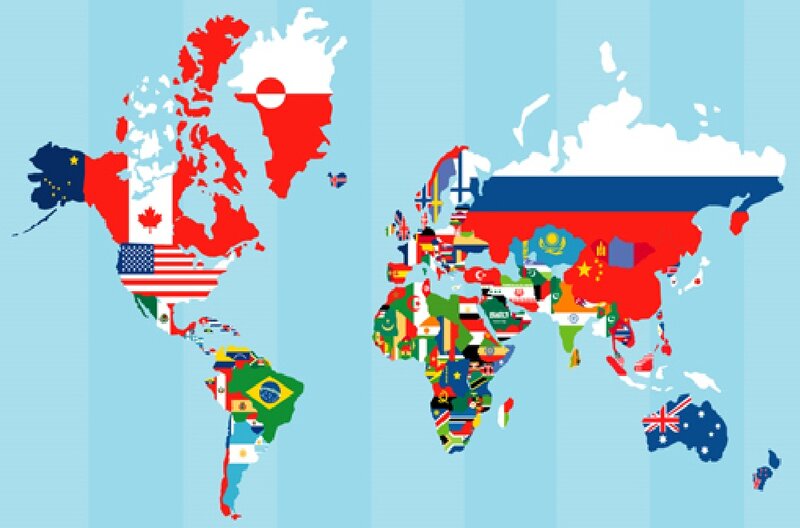 World Map with Flags — Blue, Neutral, Vector Art