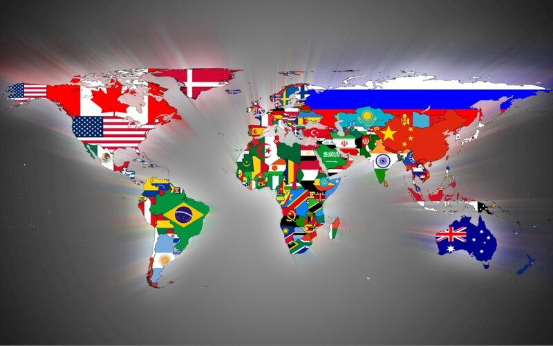 World Map with Flags — Gray, Dramatic, Illustration, Continents, Light Rays, Red, Blue
