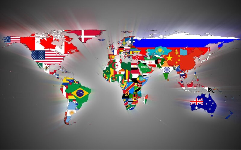 World Map with Flags — Gray, Dramatic, Illustration, Continents, Light Rays