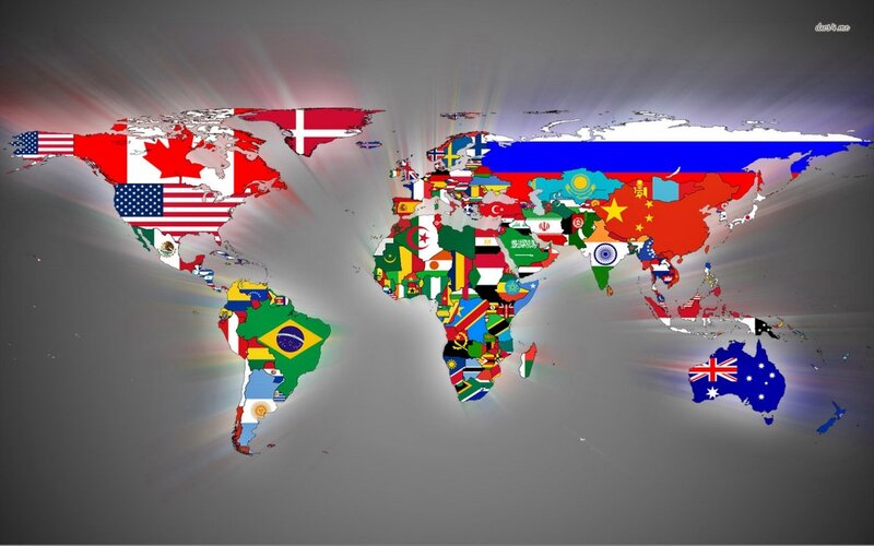 World Map with Flags — Gray, Dramatic, Illustration, Continents