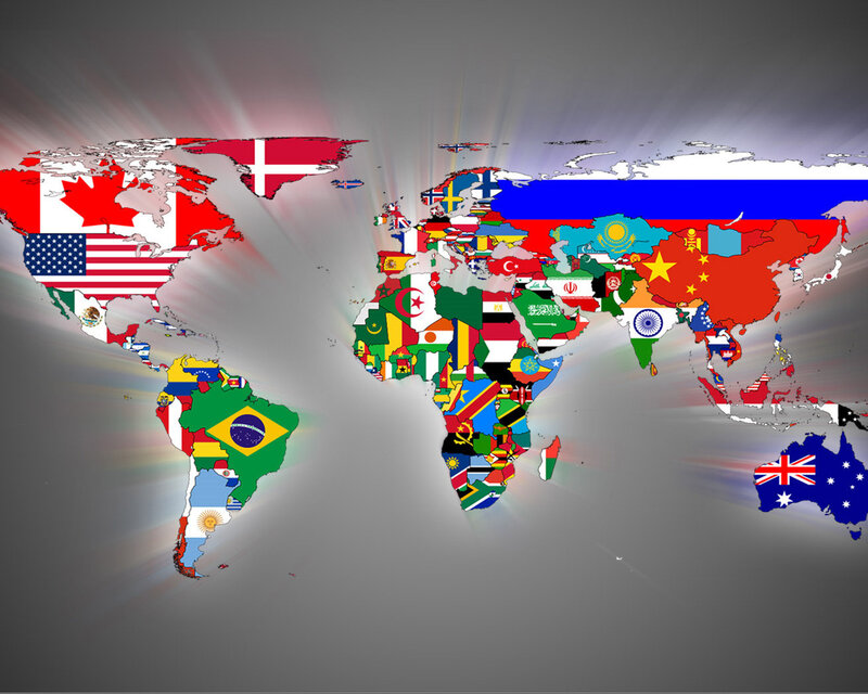 World Map with Flags — Gray, Dramatic
