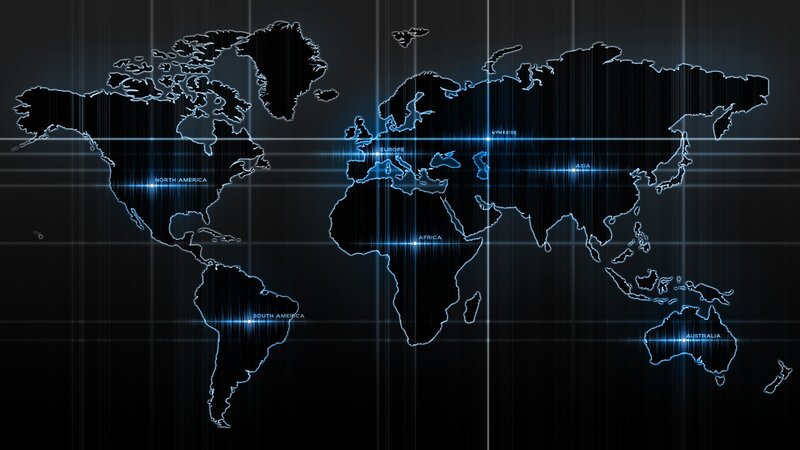World Map with Grid — Black, Technological, Digital Art, Grid Lines, Continent Labels, Glowing Lines