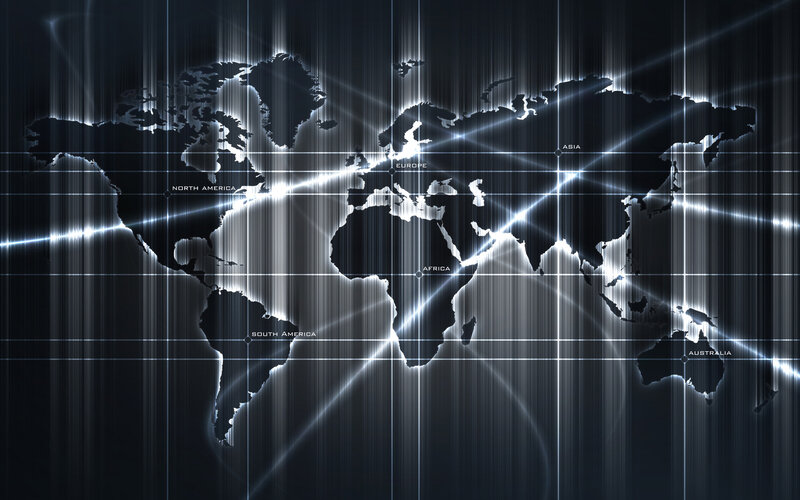 World Map with Grid — Black, Technological, Digital Art, Grid Lines, Glowing Light