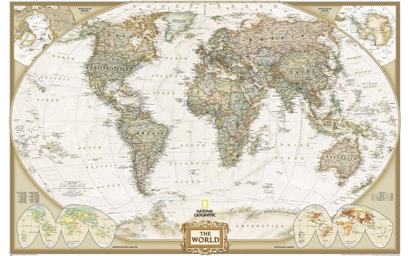 World Map with Insets — Beige, Informative, Illustration, Oceans, Continents