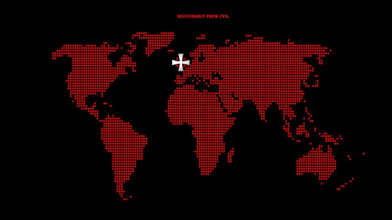 World map with red dots and cross