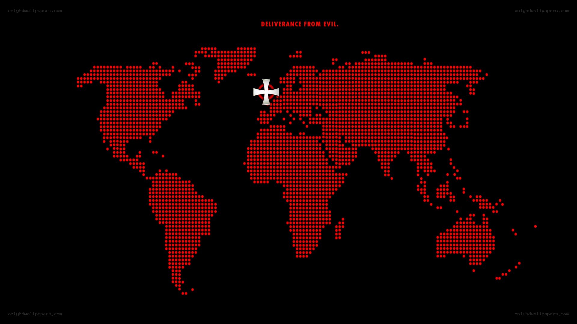 World map with red dots and cross