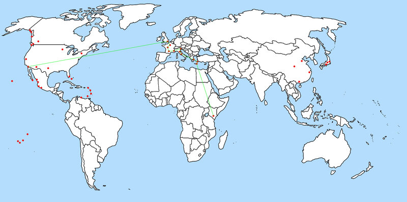 world map with red dots and green lines