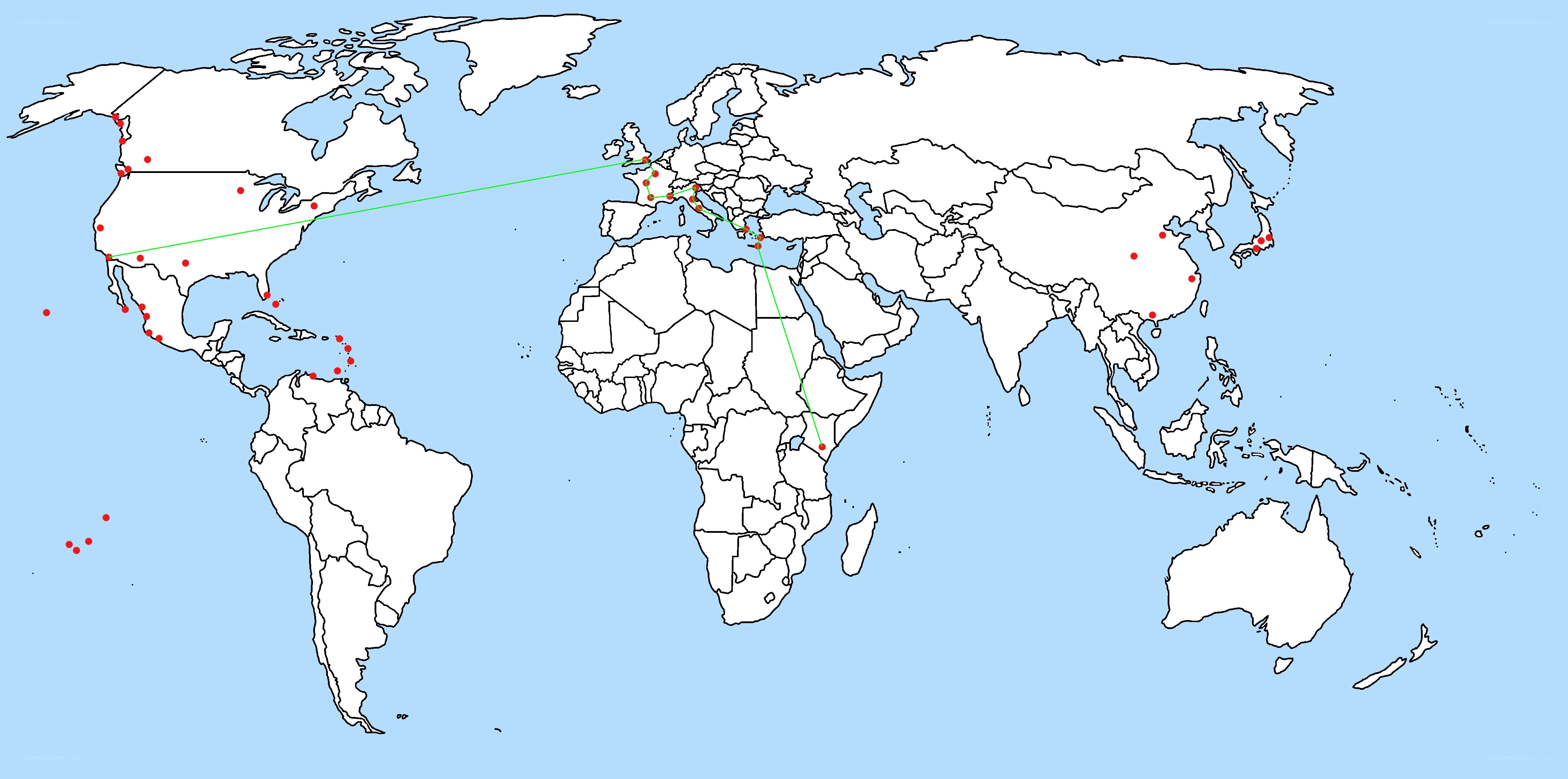 world map with red dots and green lines