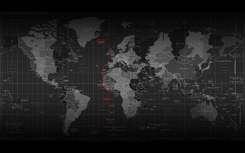 World Map with Time Zones — Black, Neutral, Illustration, Grid Lines, Country Labels, Red Line