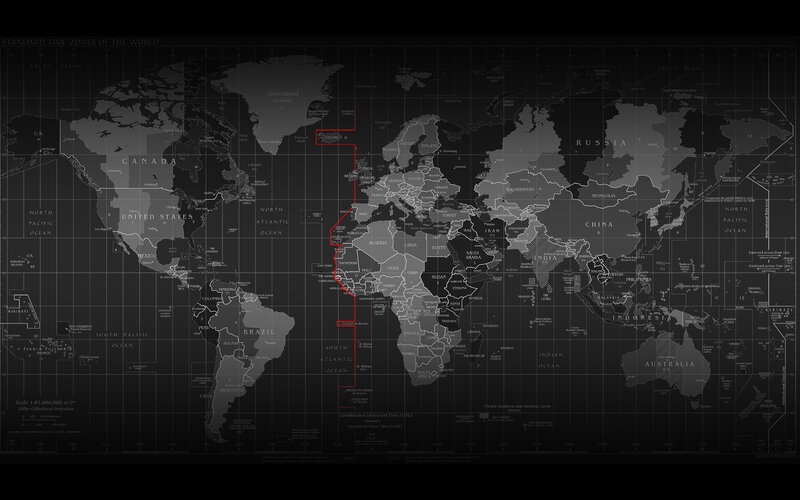 World Map with Time Zones — Black, Neutral, Illustration, Grid Lines, Country Names, Gray