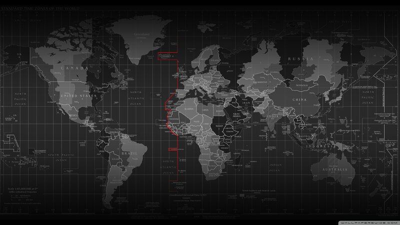 World Map with Time Zones — Black, Neutral, Illustration, Grid Lines