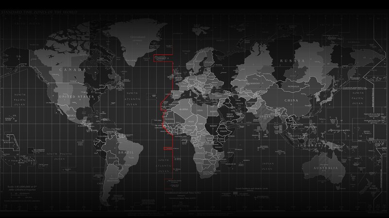 World Map with Time Zones — Black, Neutral, Illustration