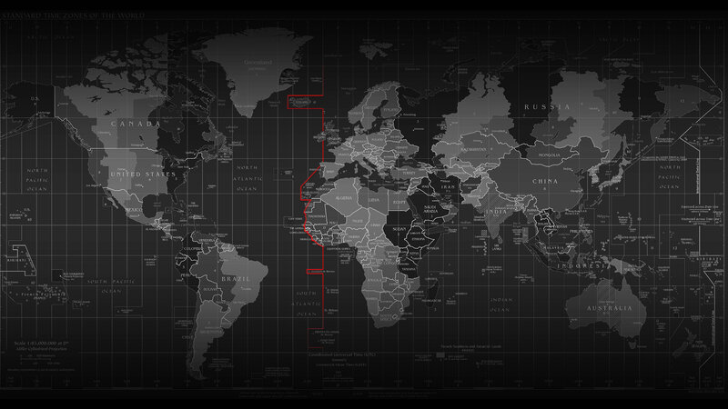 World Map with Time Zones — Black, Neutral