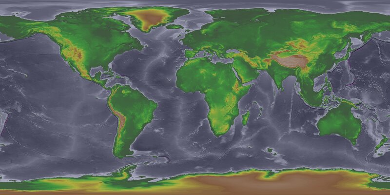 World map with vegetation and elevation