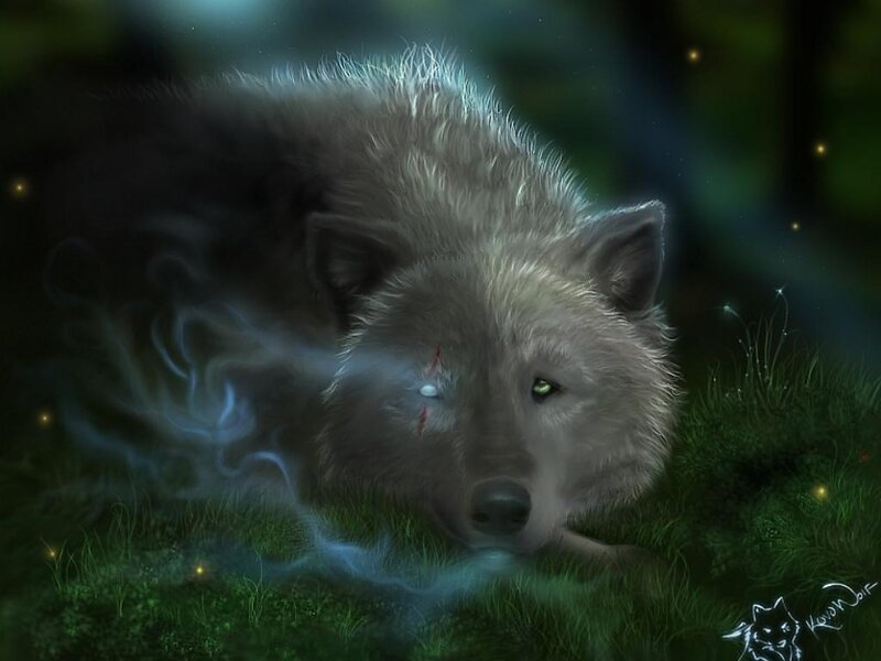 Wounded Wolf in Grass — Green