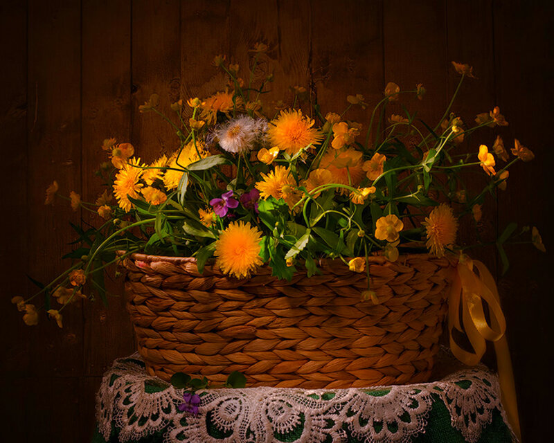 Woven Basket of Flowers — Yellow, Dramatic