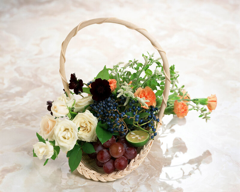 Woven Basket with Flowers — Beige