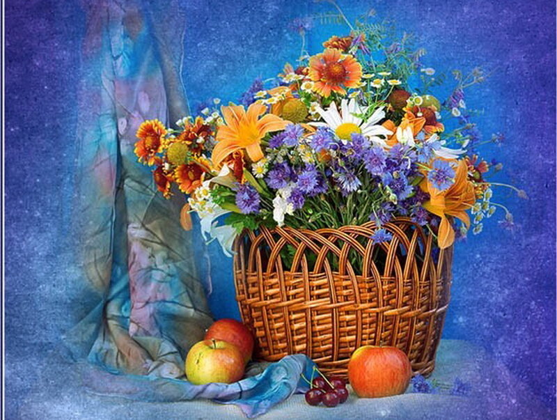 Woven Basket with Flowers — Blue, Serene