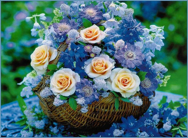 Woven Basket with Flowers — Blue