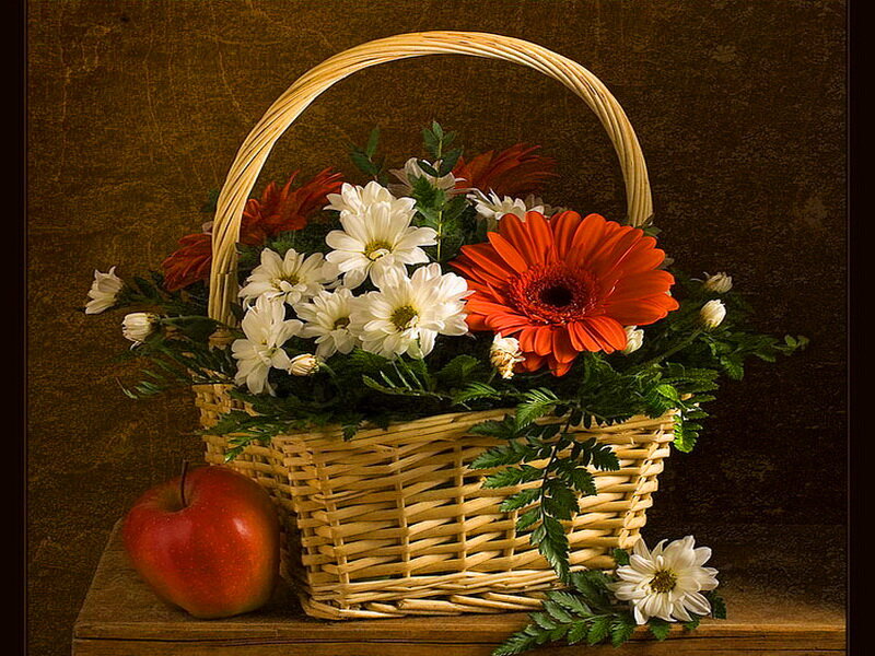 Woven Basket with Flowers — Brown, Calm, Photograph