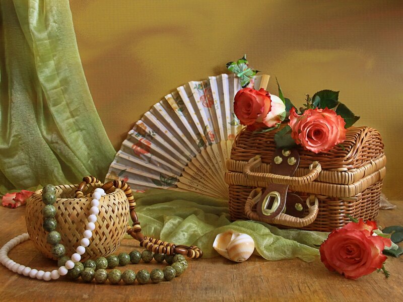 Woven Basket with Flowers — Brown, Serene, Photograph, Roses