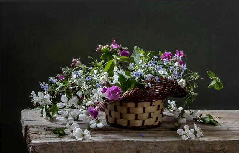 Woven Basket with Flowers — Brown, Serene, Spring, Photograph, Wooden Table