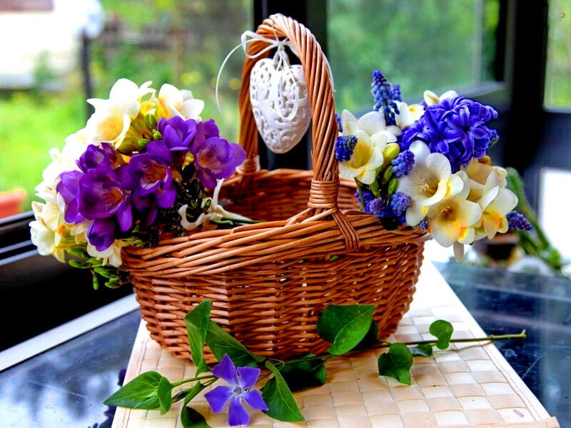 Woven Basket with Flowers — Brown, Serene, Spring