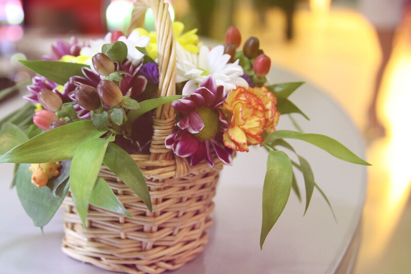 Woven Basket with Flowers — Green, Calm