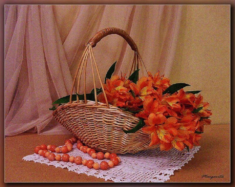 Woven Basket with Flowers — Orange, Calm, Photograph