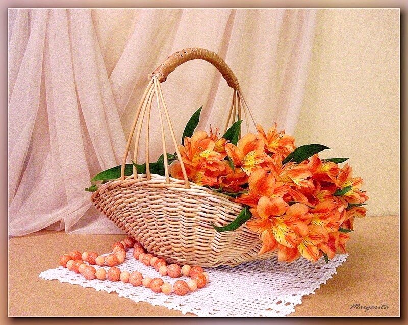 Woven Basket with Flowers — Orange