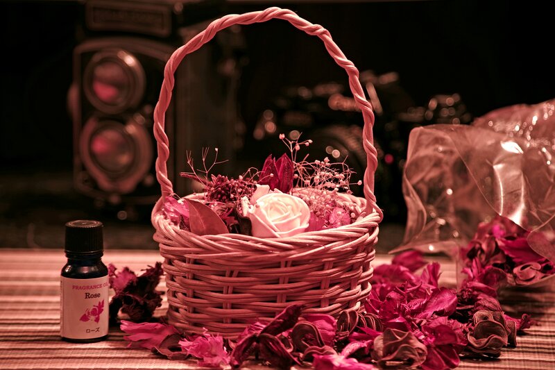 Woven Basket with Flowers — Pink, Dramatic