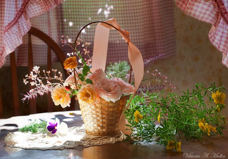 Woven Basket with Flowers — Pink, Serene, Afternoon