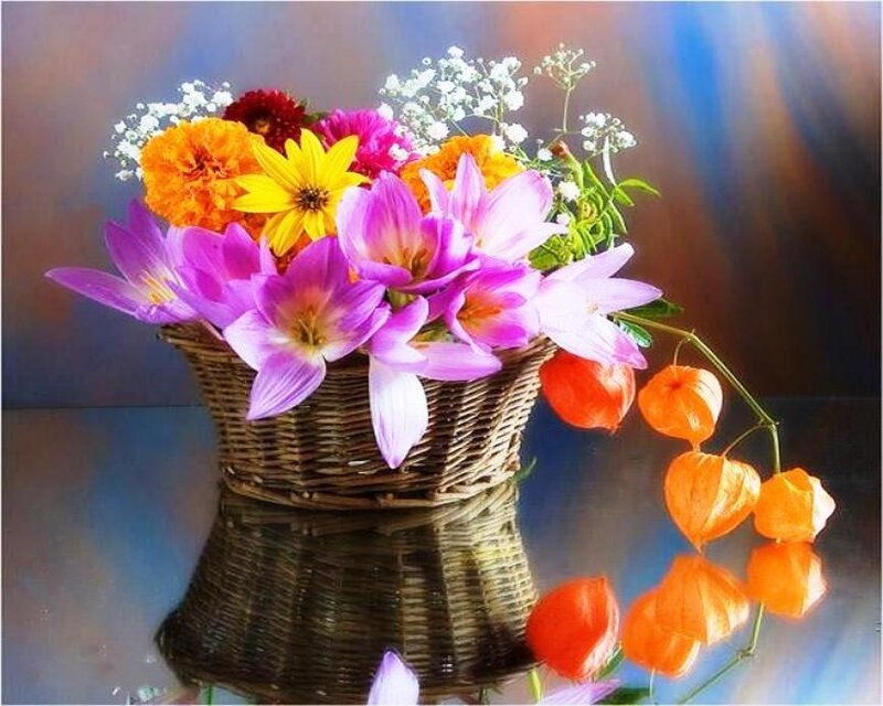 Woven Basket with Flowers — Purple, Colorful