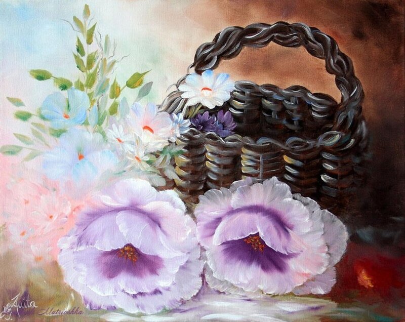 Woven Basket with Flowers — Purple, Serene, Painting
